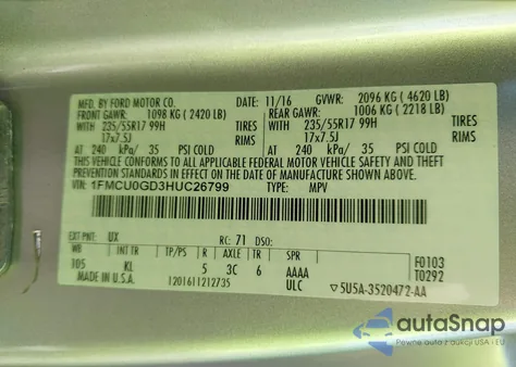 2017 Ford Escape Se из США, поврежденный, VIN 1FMCU0GD3HUC26799